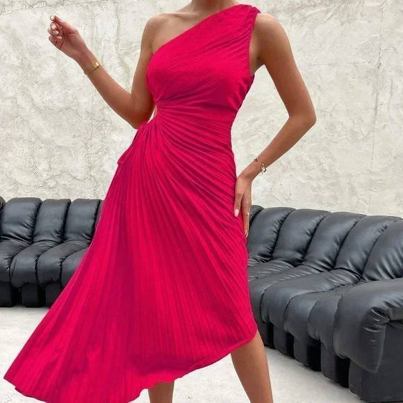 white christmas dresses Arianna One-Shoulder Asymmetrical Pleated Dress – Minuet Apparel main image 0